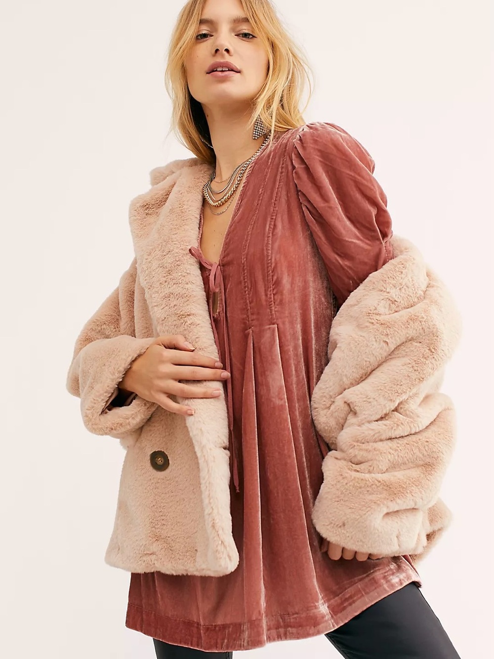 Free People Top Adelle Velvet Tunic Puff-Sleeve Mini V-neckline Girly Sz L
